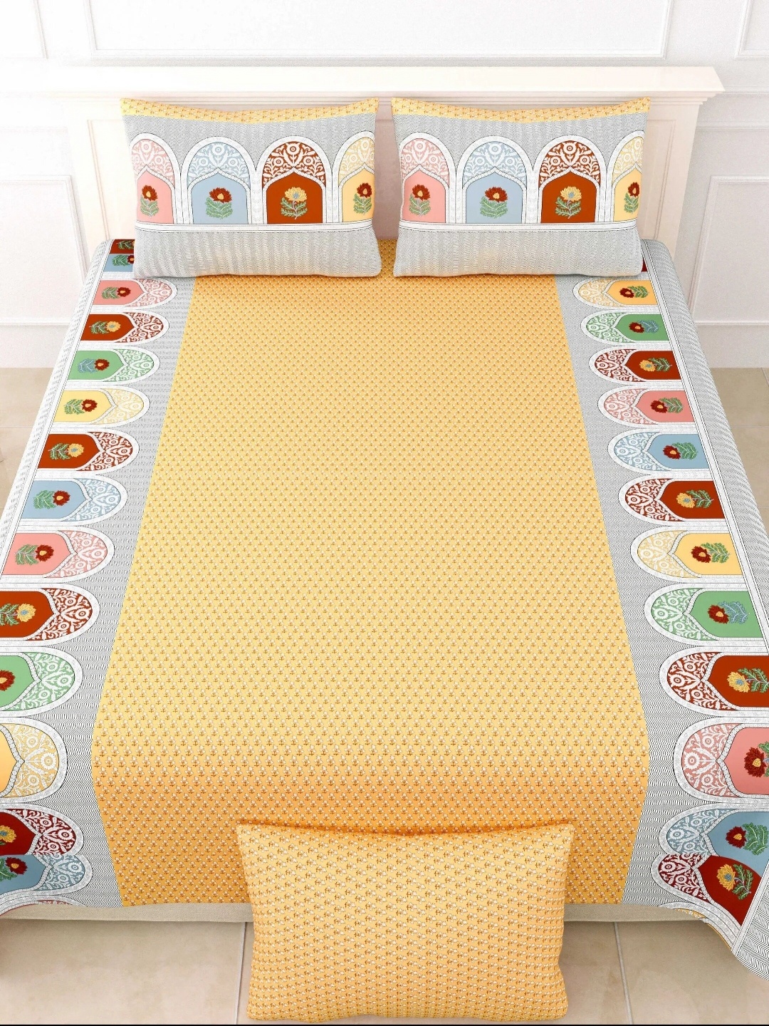

LIVING ROOTS Double King Size Jaipur Block Print Cotton Double Bedsheet & 2 Pillow Covers, Yellow