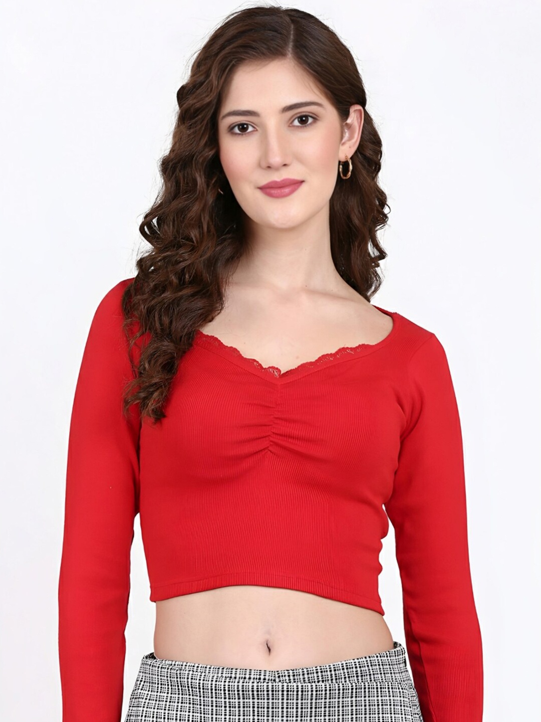 

SIGHTBOMB Long Sleeves Sweetheart Neck Cotton Crop Top, Red