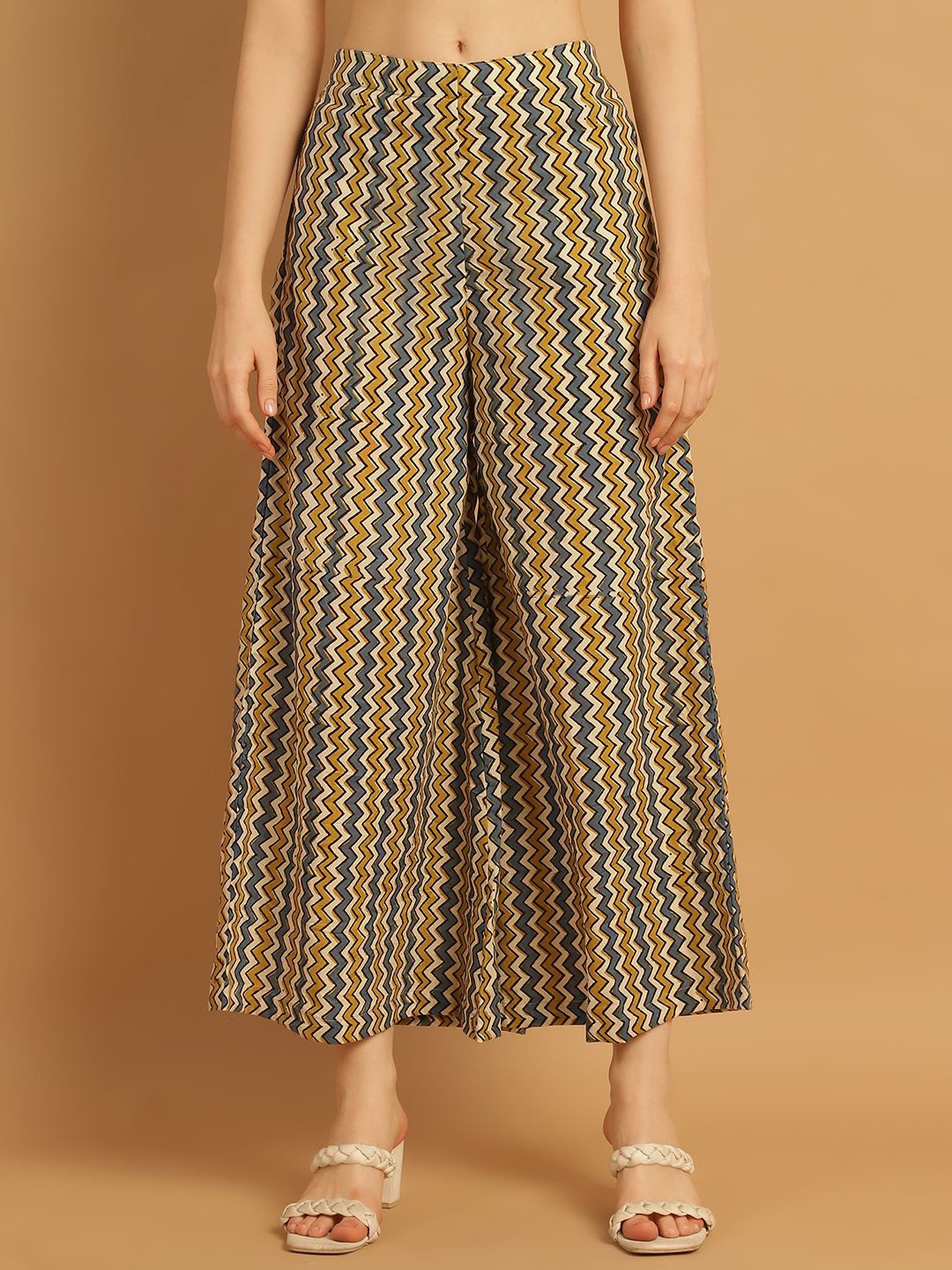 

Enchanted Drapes Women Striped Flared Knitted Palazzos, Beige