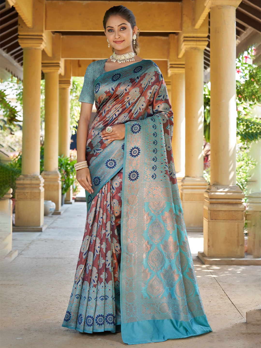 

Areca Designer Woven Design Zari Banarasi Saree, Turquoise blue