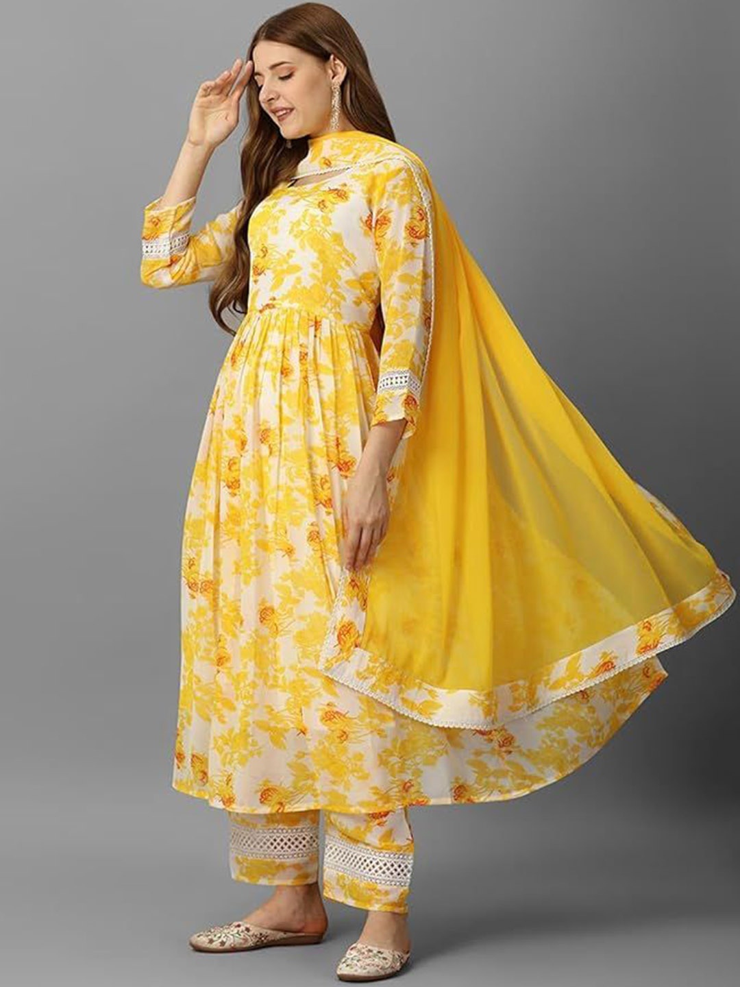 

KALINI Women Floral Printed Pure Cotton Kurta with Palazzos & Dupatta, Yellow