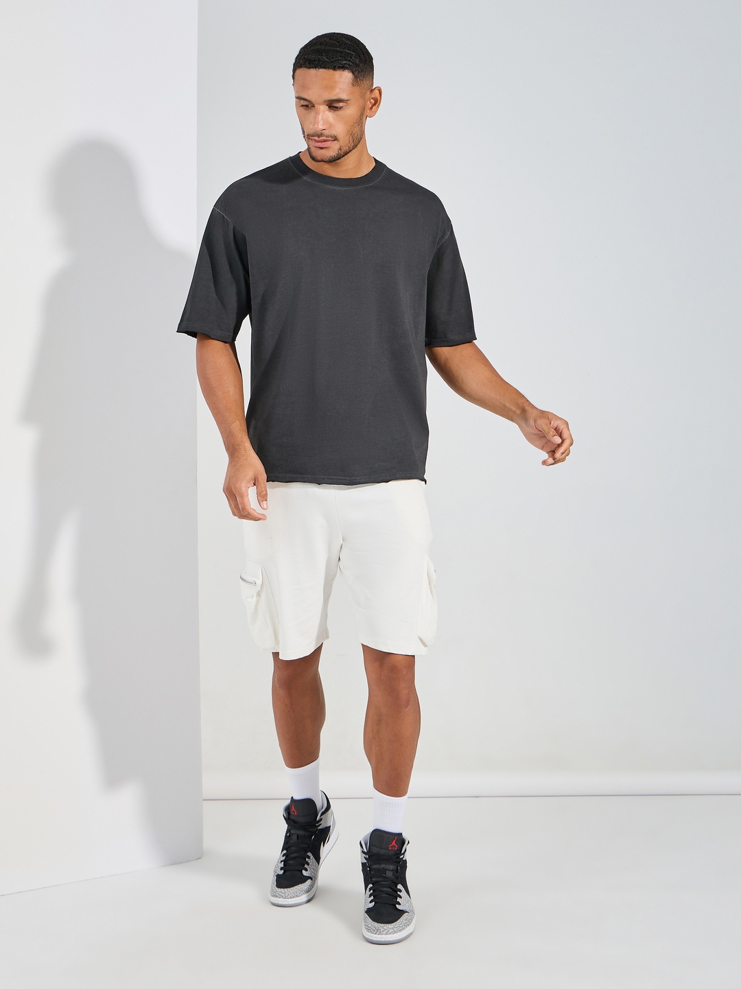 Styli Overdyed Washed Oversized Tee With Neck Binding And Raw Edge Sleeve, Charcoal