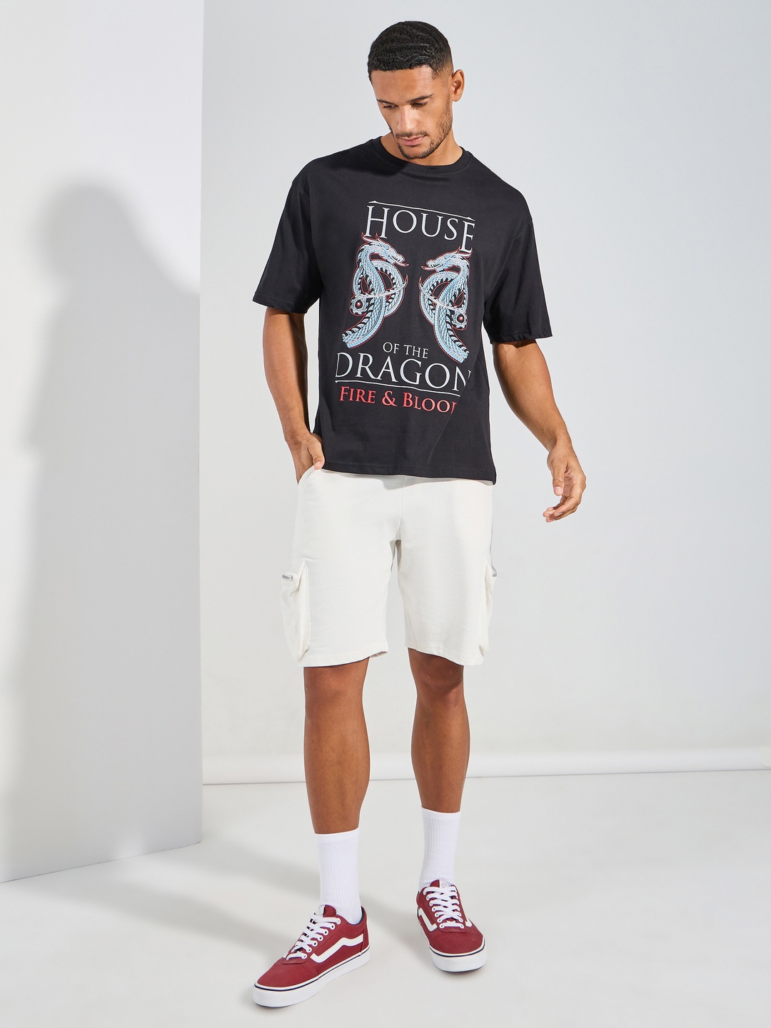 

Styli House Of Dragon Print Compact Jersey Oversize Tee, Black