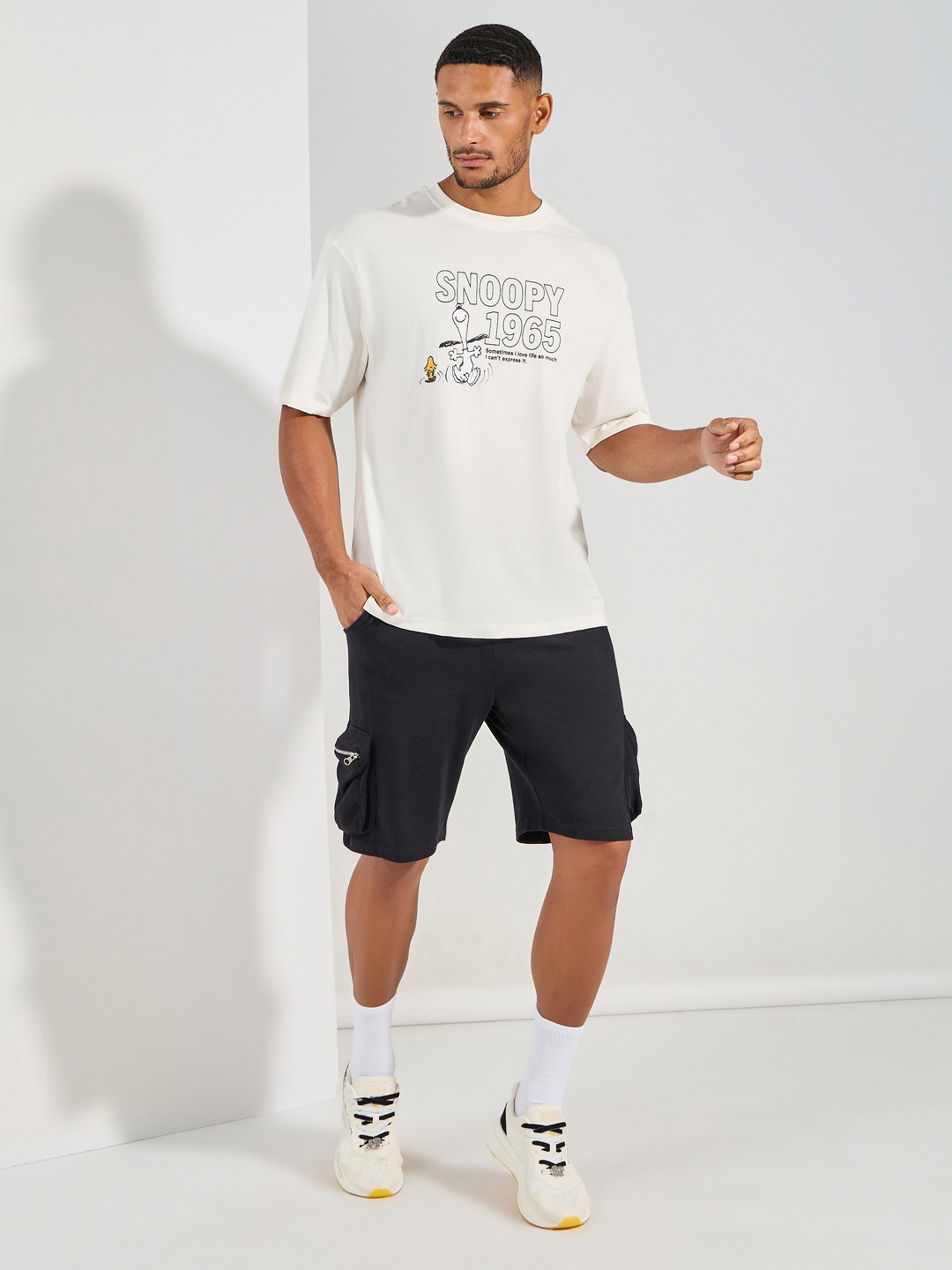 

Styli Snoopy Front And Back Graphic Print Compact Jersey Oversize Tee, Cream
