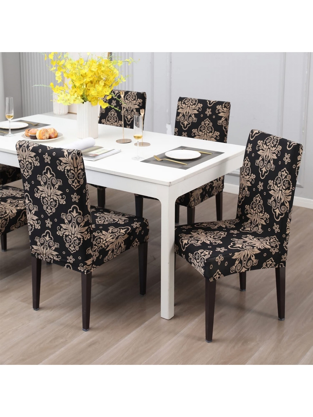 

hargunz Pack Of 4 Black & Coffee Brown Printed Chair Covers