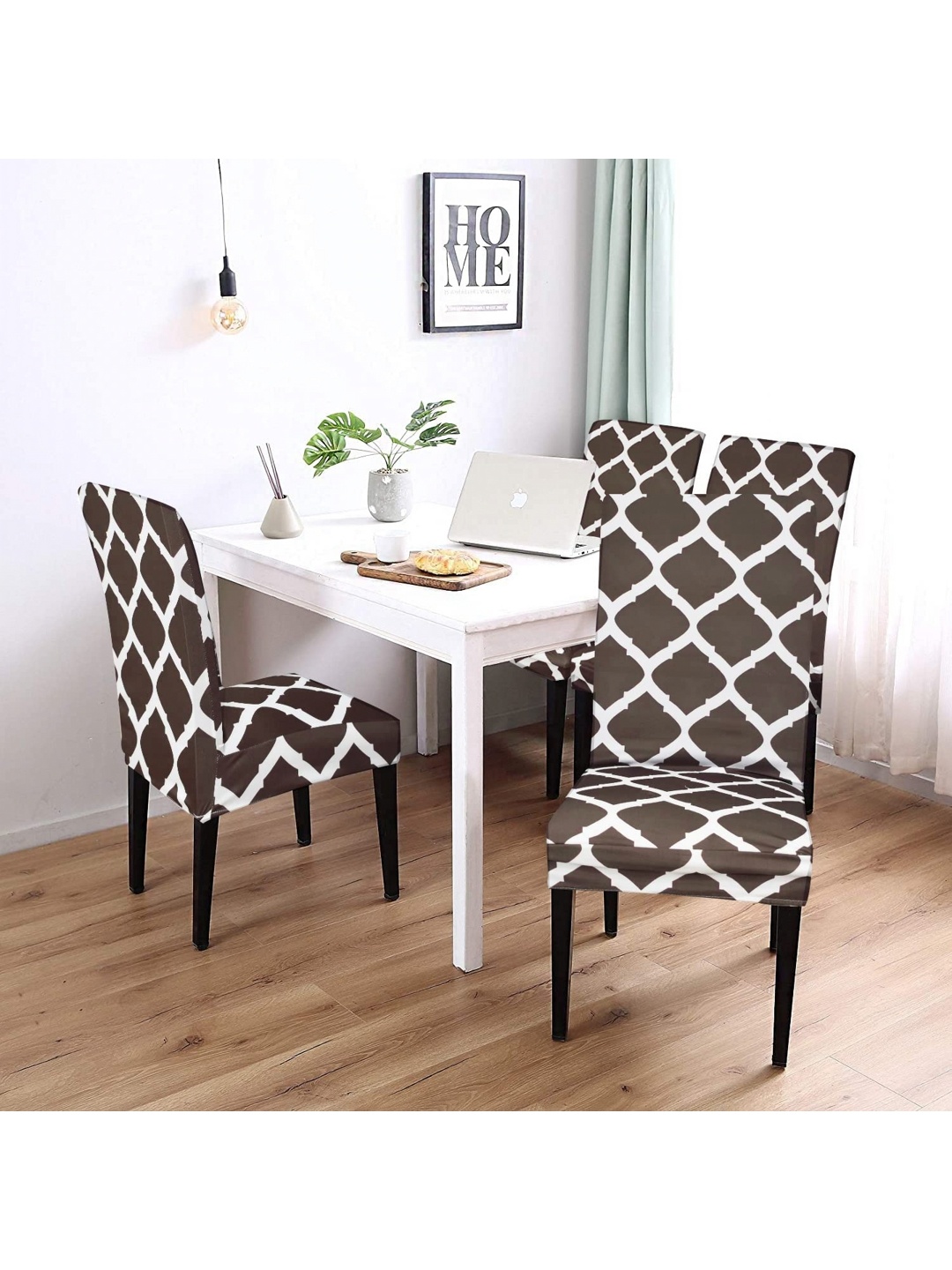 

hargunz Pack Of 4 Coffee Brown & White Printed Chair Covers