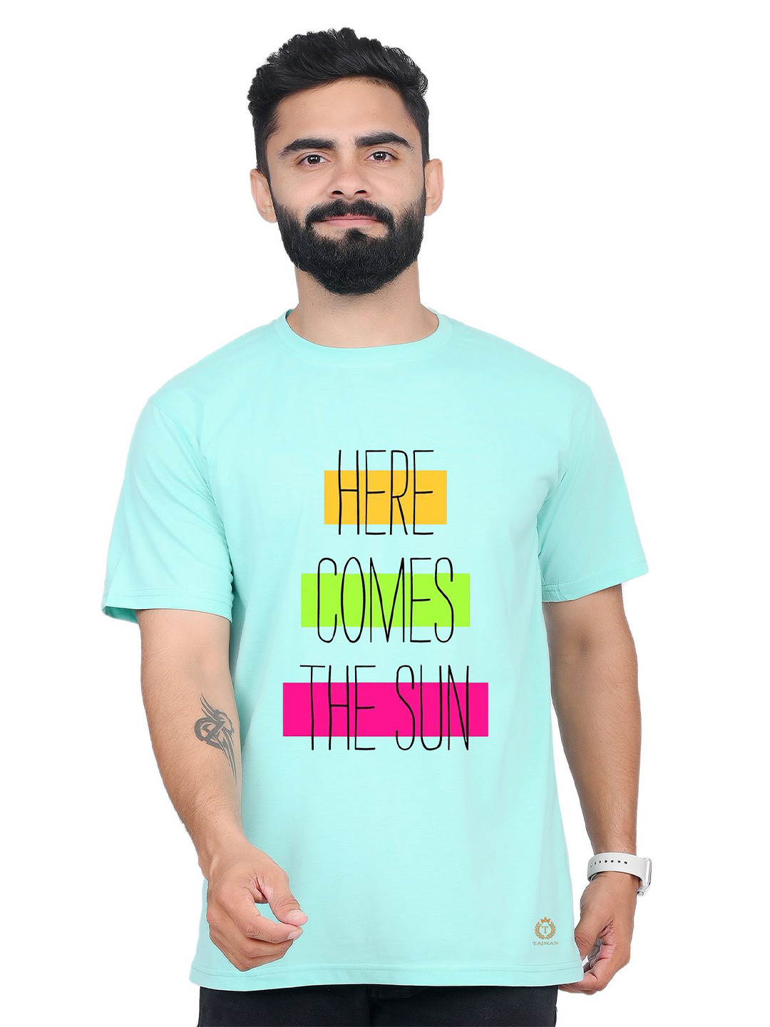 

TAJNAN Men Typography Printed Round Neck T-shirt, Turquoise blue