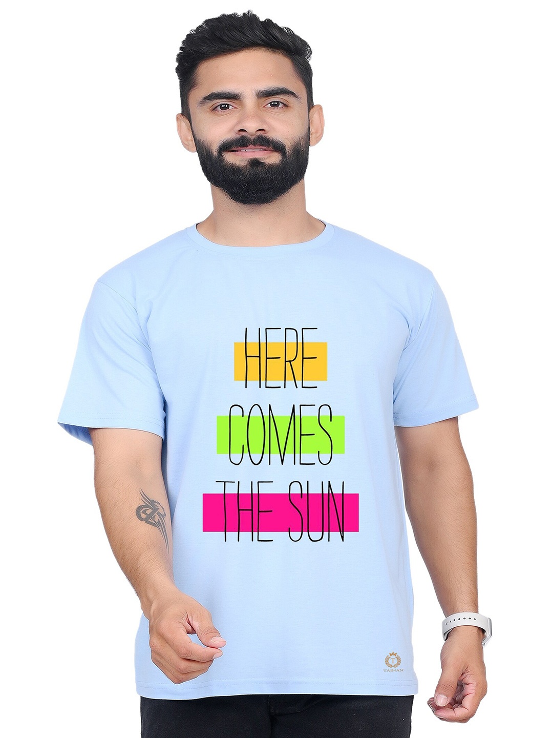 

TAJNAN Men Typography Printed Round Neck T-shirt, Turquoise blue