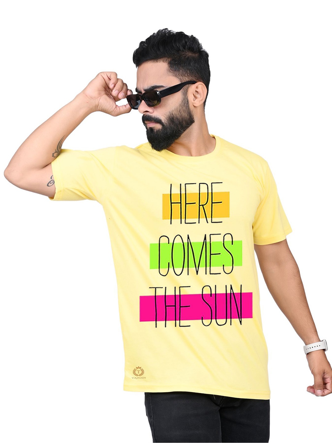 

TAJNAN Men Typography Printed Round Neck T-shirt, Yellow