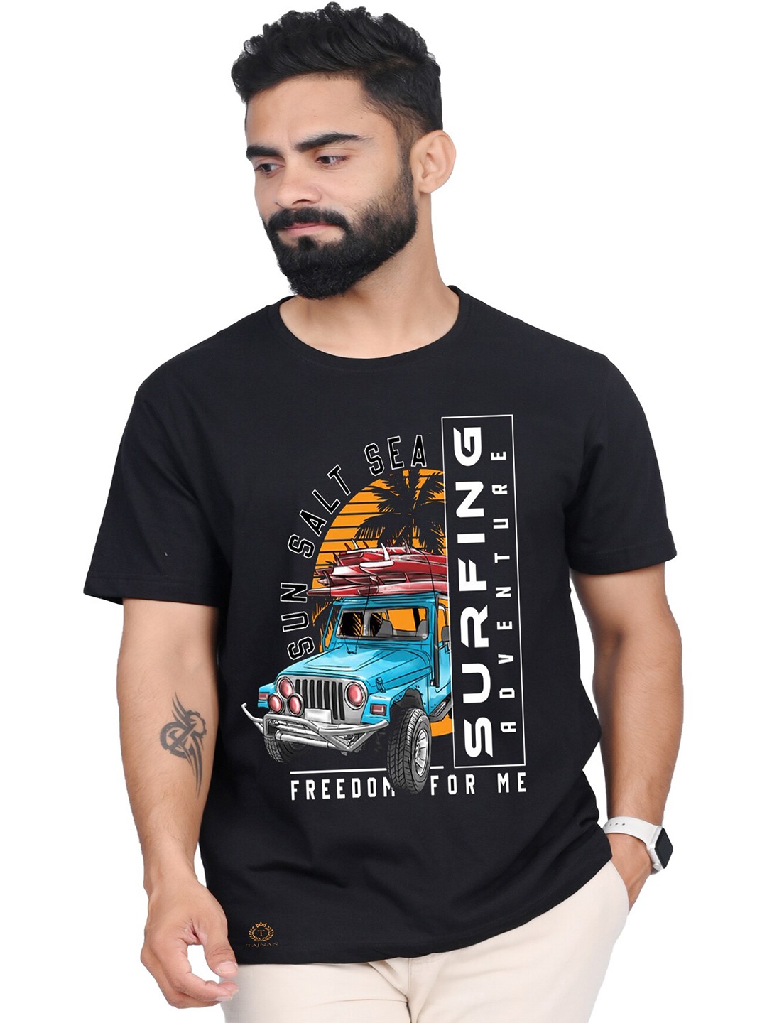 

TAJNAN Men Graphic Printed Round Neck T-shirt, Black
