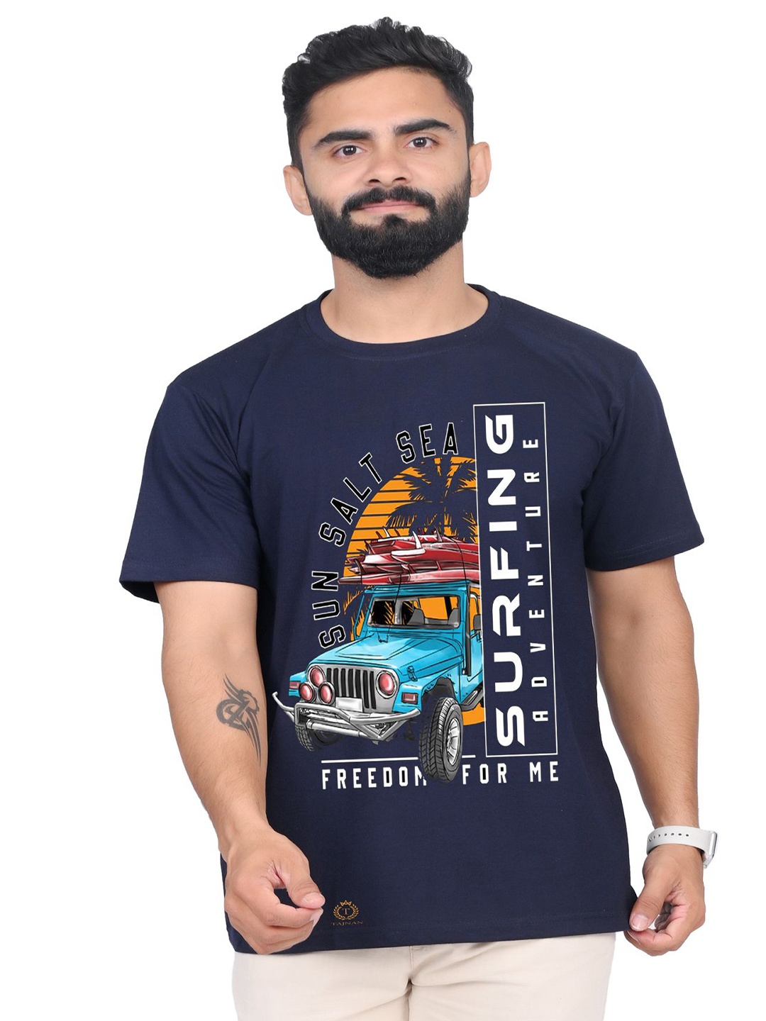 

TAJNAN Men Graphic Printed Round Neck T-shirt, Navy blue