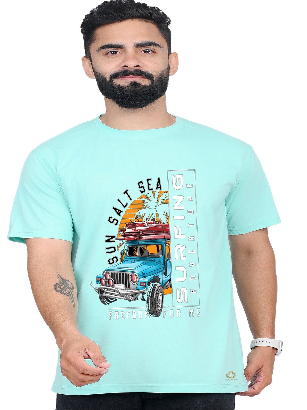 

TAJNAN Men Typography Printed Round Neck T-shirt, Turquoise blue