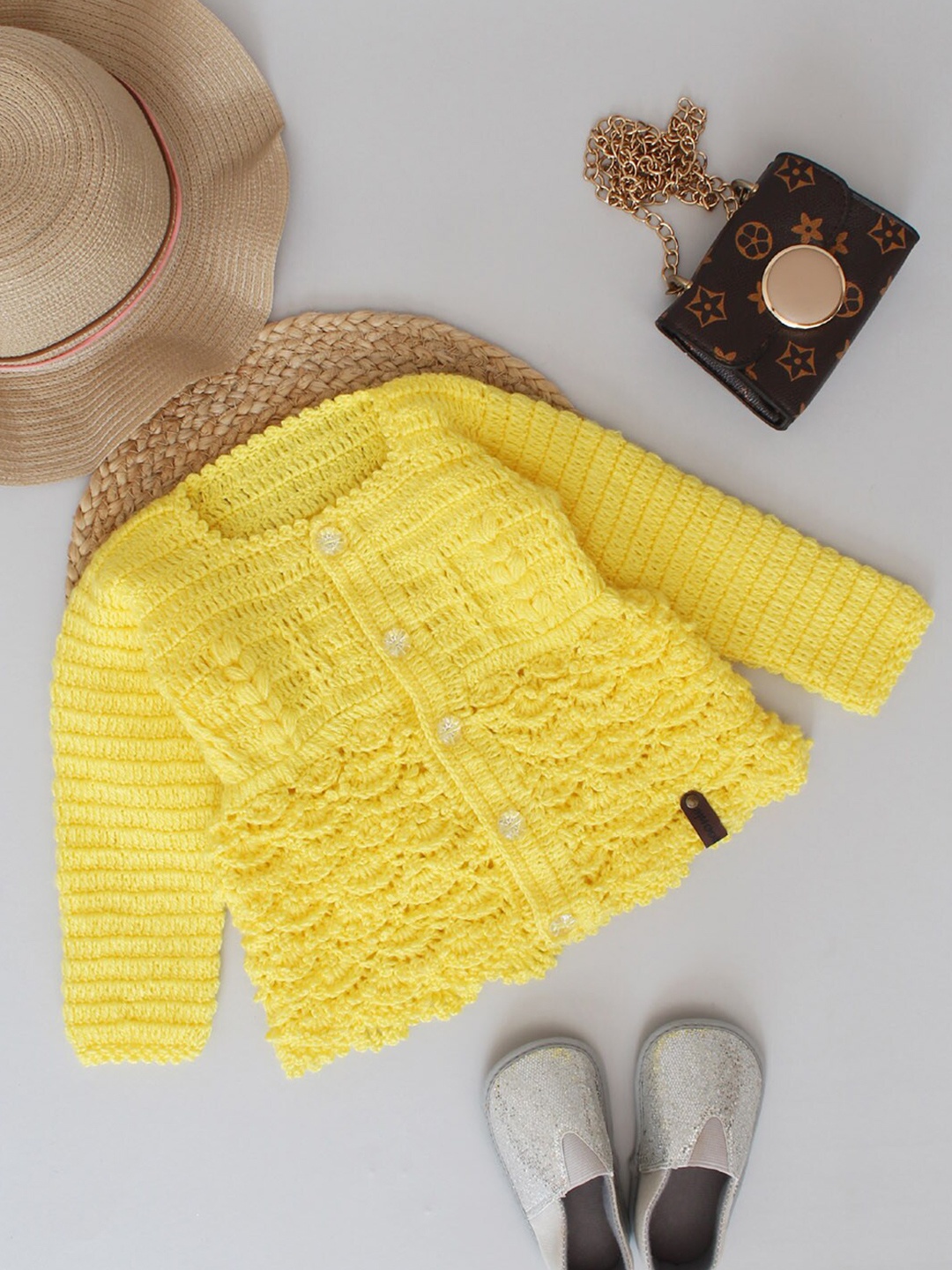 

Woonie Girls Self Design Cardigan Sweater, Yellow