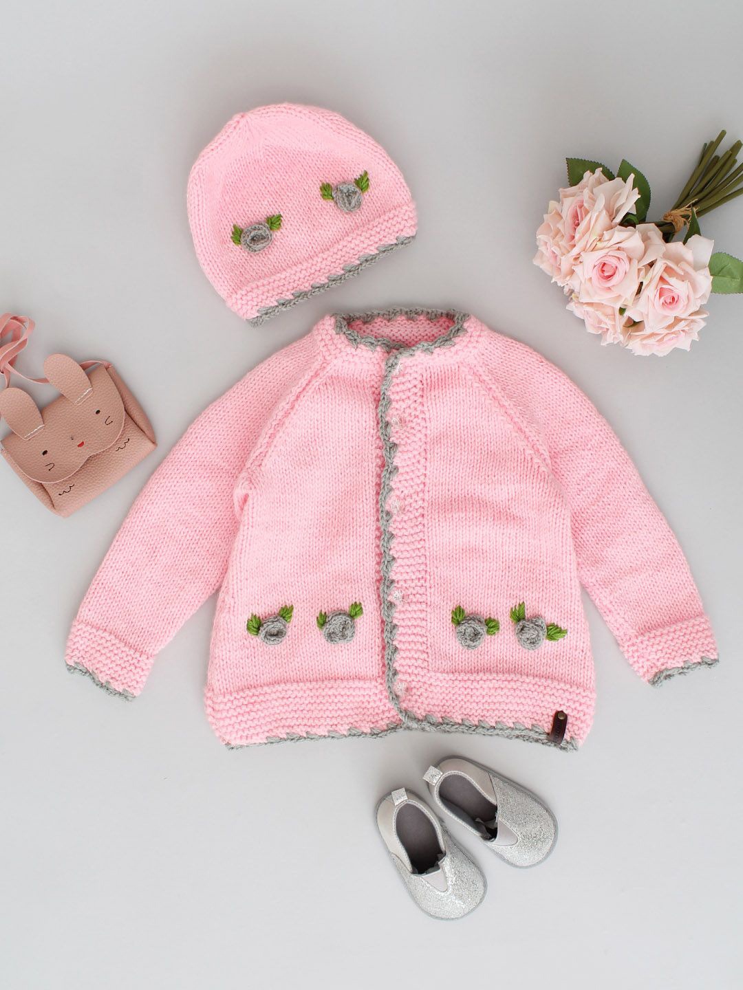 

Woonie Girls Handknitted Floral Cardigan, Pink