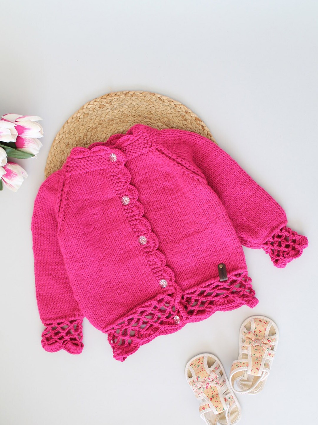 

Woonie Girls Handknitted Pink Mesh Baby Cardigan