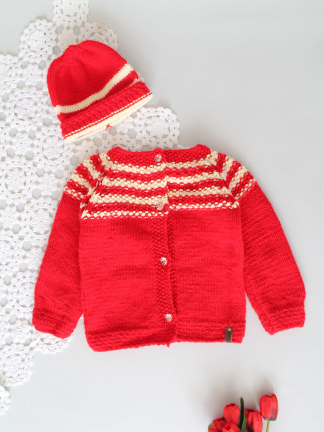 

Woonie Handknitted Red & White Self Design Boys Striped Cardigan