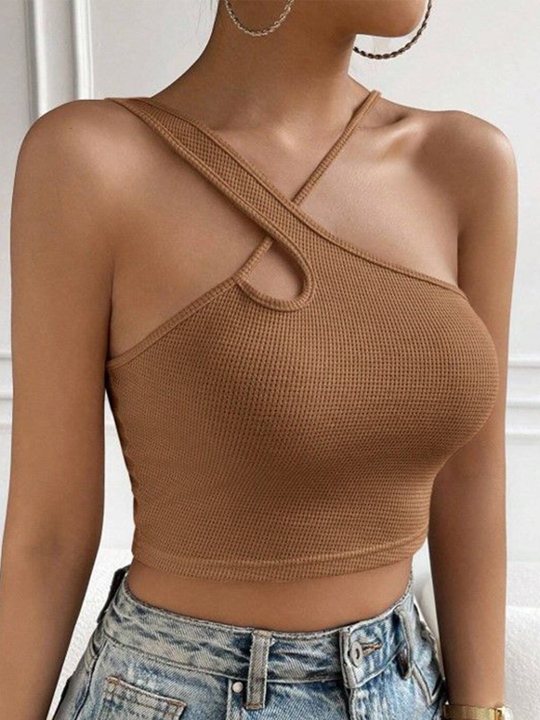 

StyleCast Shoulder Straps Georgette Crop Top, Brown
