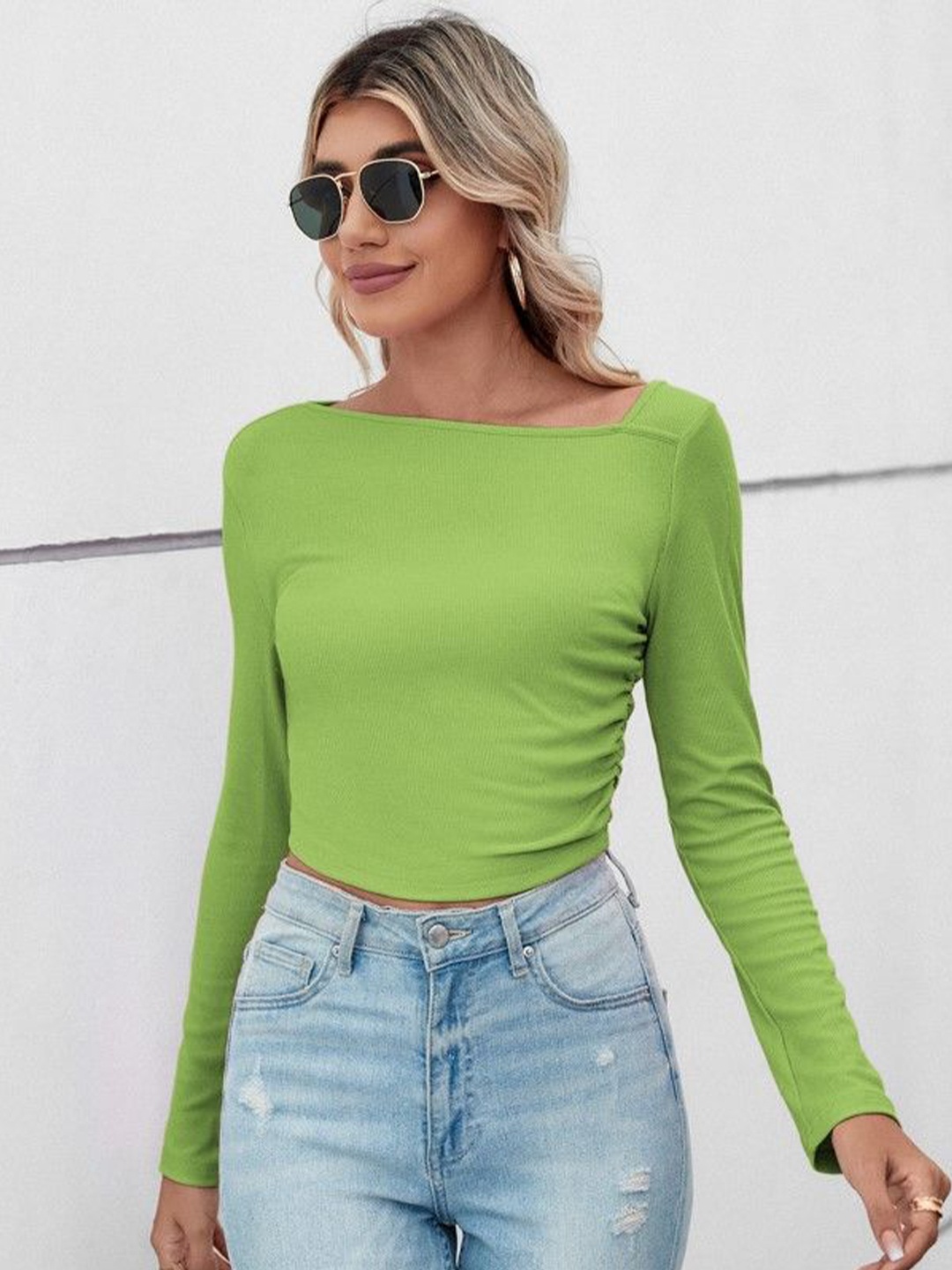 

StyleCast Solid Long Sleeves Georgette Crop Top, Green