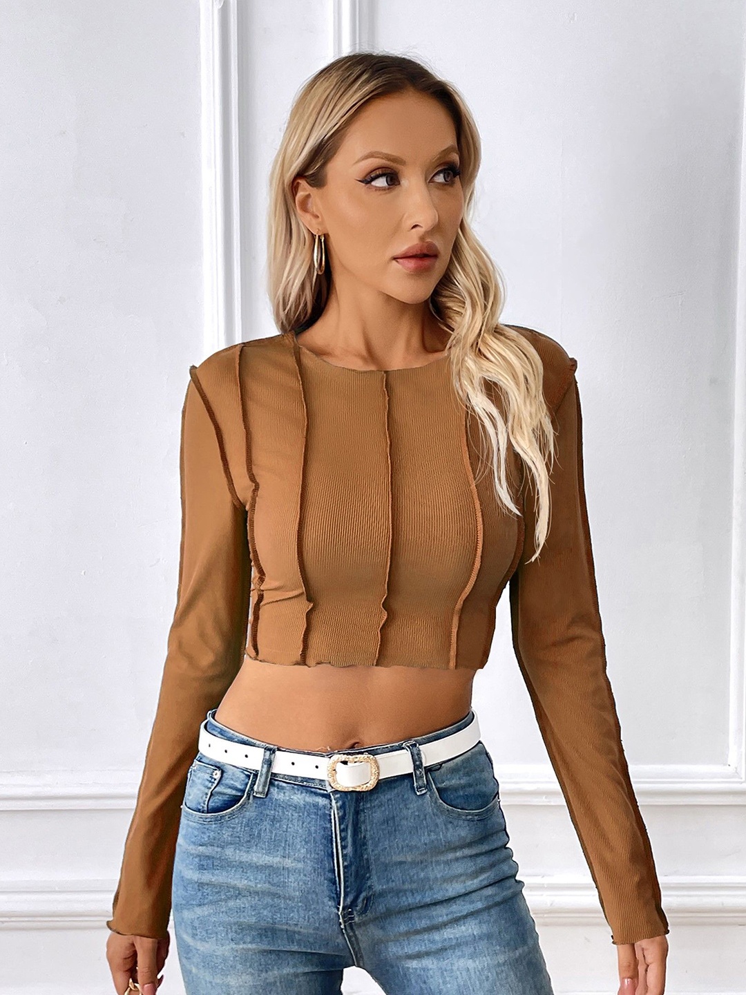 

StyleCast Round Neck Georgette Crop Top, Brown