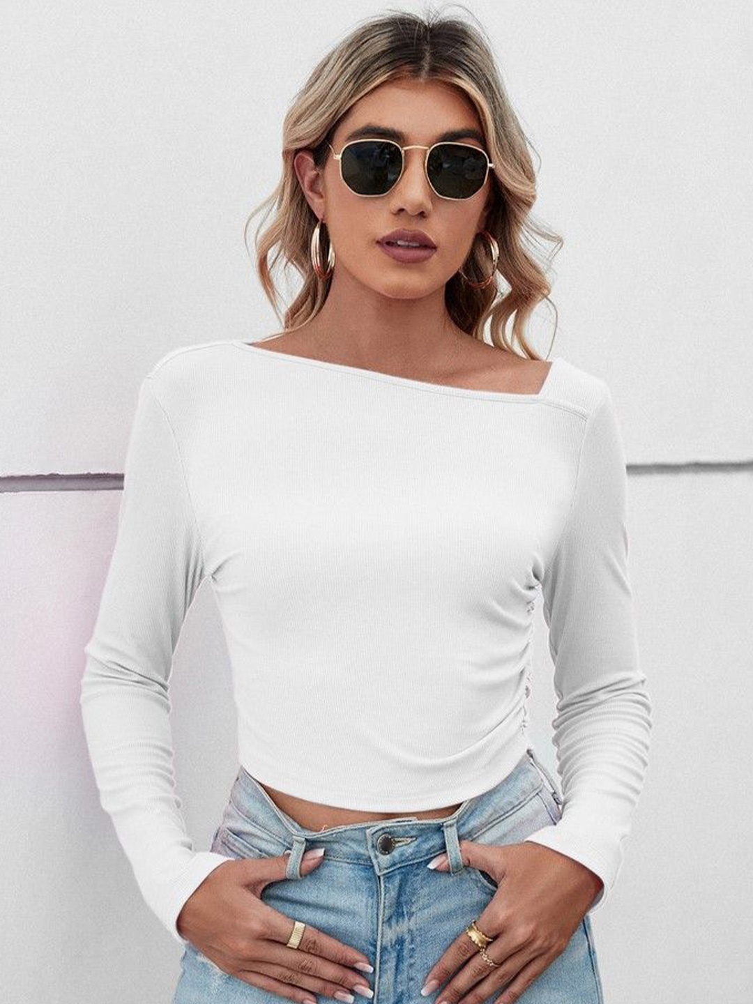 

StyleCast Solid Long Sleeves V-Neck Georgette Top, White