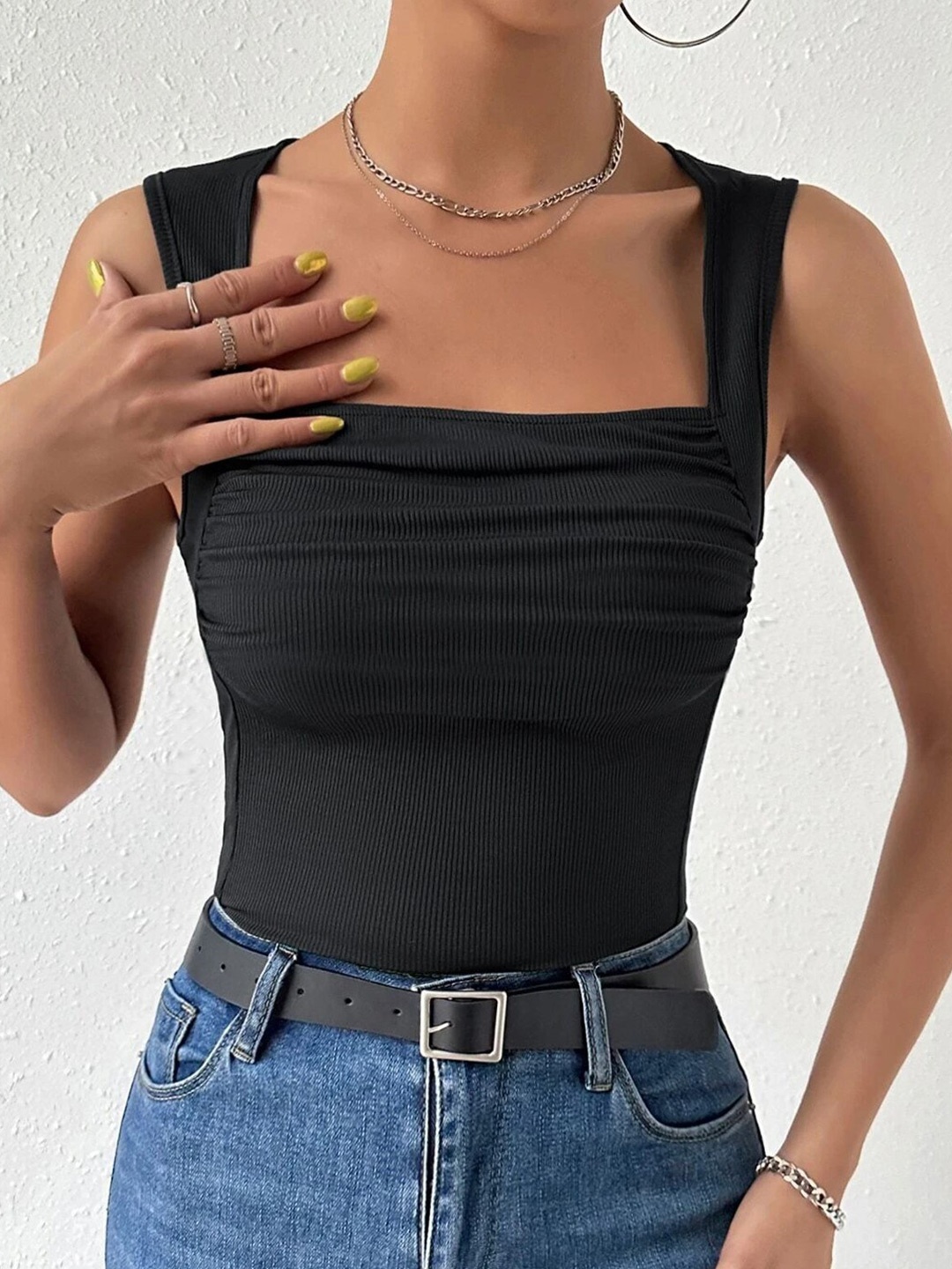 

StyleCast Square Neck Ruched Georgette Tank Top, Black