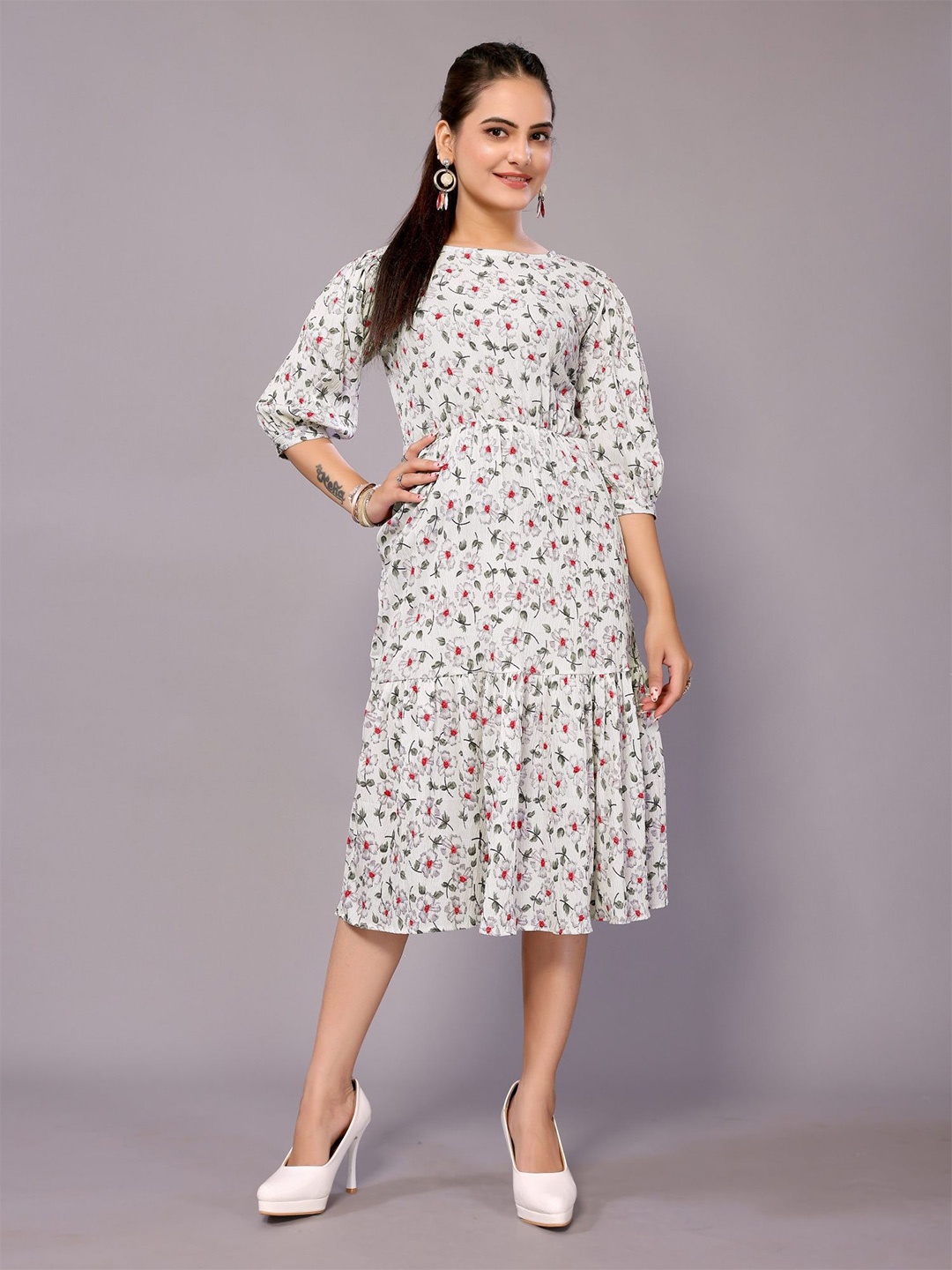 

vj fashion Boat Neck Puff Sleeve Net A-Line Floral Midi Dress, White