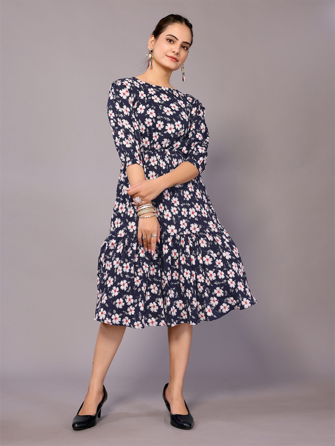 

vj fashion Boat neck Puffed Sleeve Floral Midi Dress, Navy blue