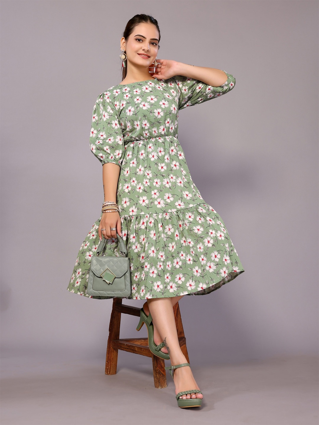 

vj fashion Floral Print Puff Sleeve Net Fit & Flare Midi Dress, Green