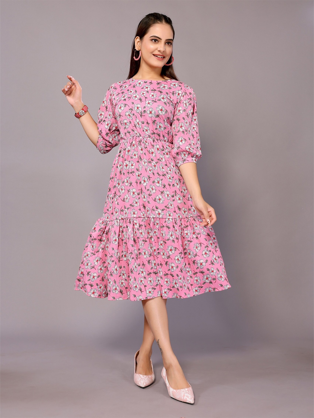 

vj fashion Floral Print Net Fit & Flare Midi Dress, Pink