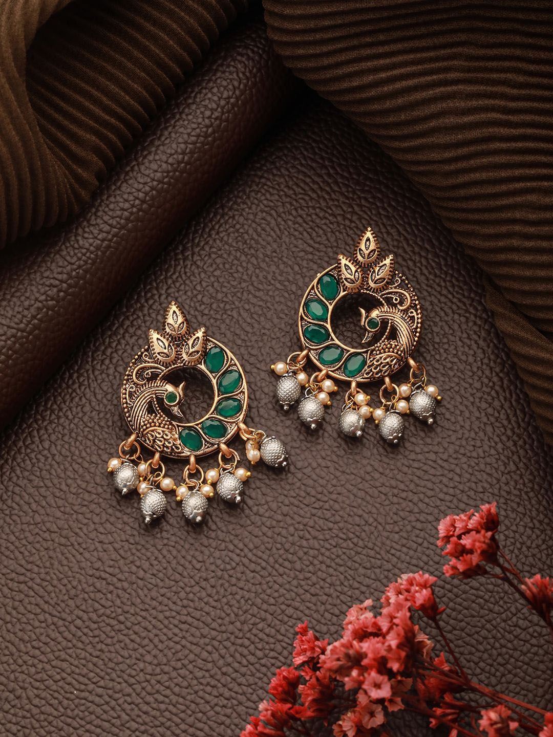 

Jazz and Sizzle Peacock Shaped Chandbalis Earrings, Green