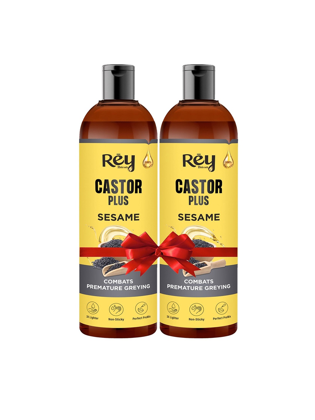 

Rey Naturals Set Of 2 Castor Plus Sesame Hair Oil - 200 ml Each, Yellow