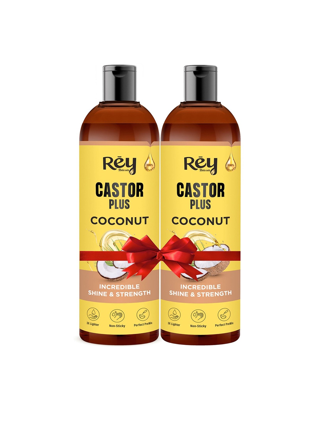 

Rey Naturals Set Of 2 Castor Plus Coconut Oil - 400 ml Each, Yellow