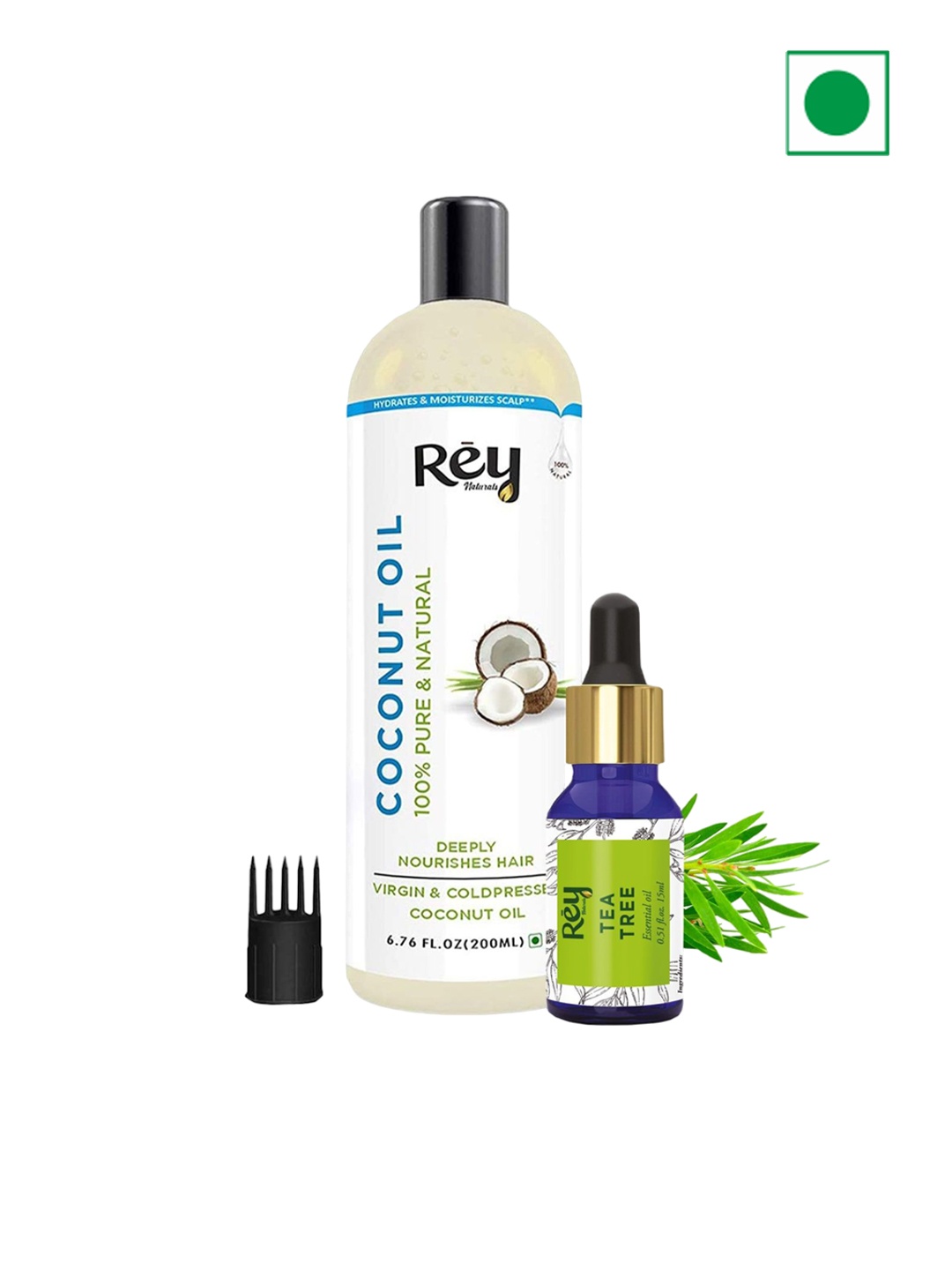 

Rey Naturals Set Of 2 Coconut Hair Oil & Tea Tree Essential Oil - 200 ml - 15 ml, White