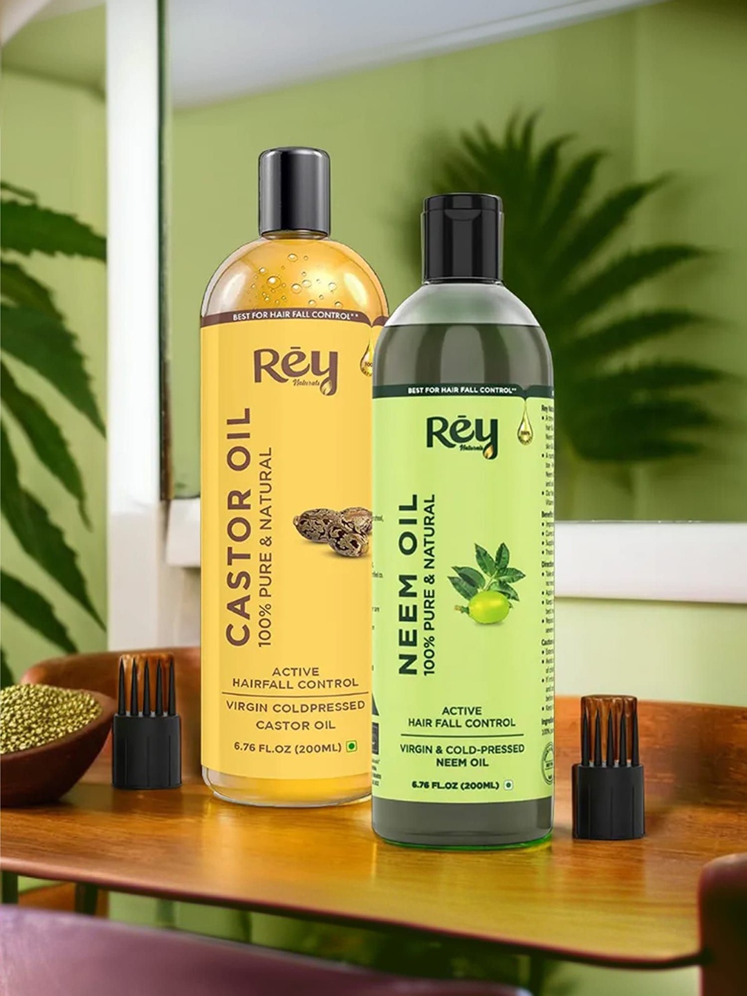 

Rey Naturals Set Of 2 Virgin Cold Pressed Neem & Castor Oil For Hair Growth - 200 ml Each, Yellow