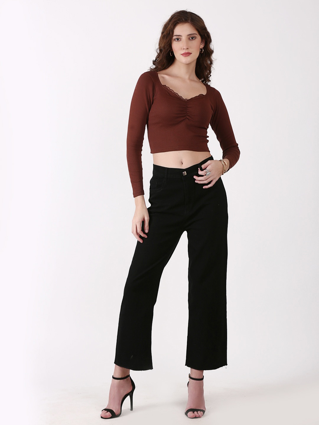 

SIGHTBOMB Sweetheart Neck Long Sleeves Cotton Crop Top, Brown