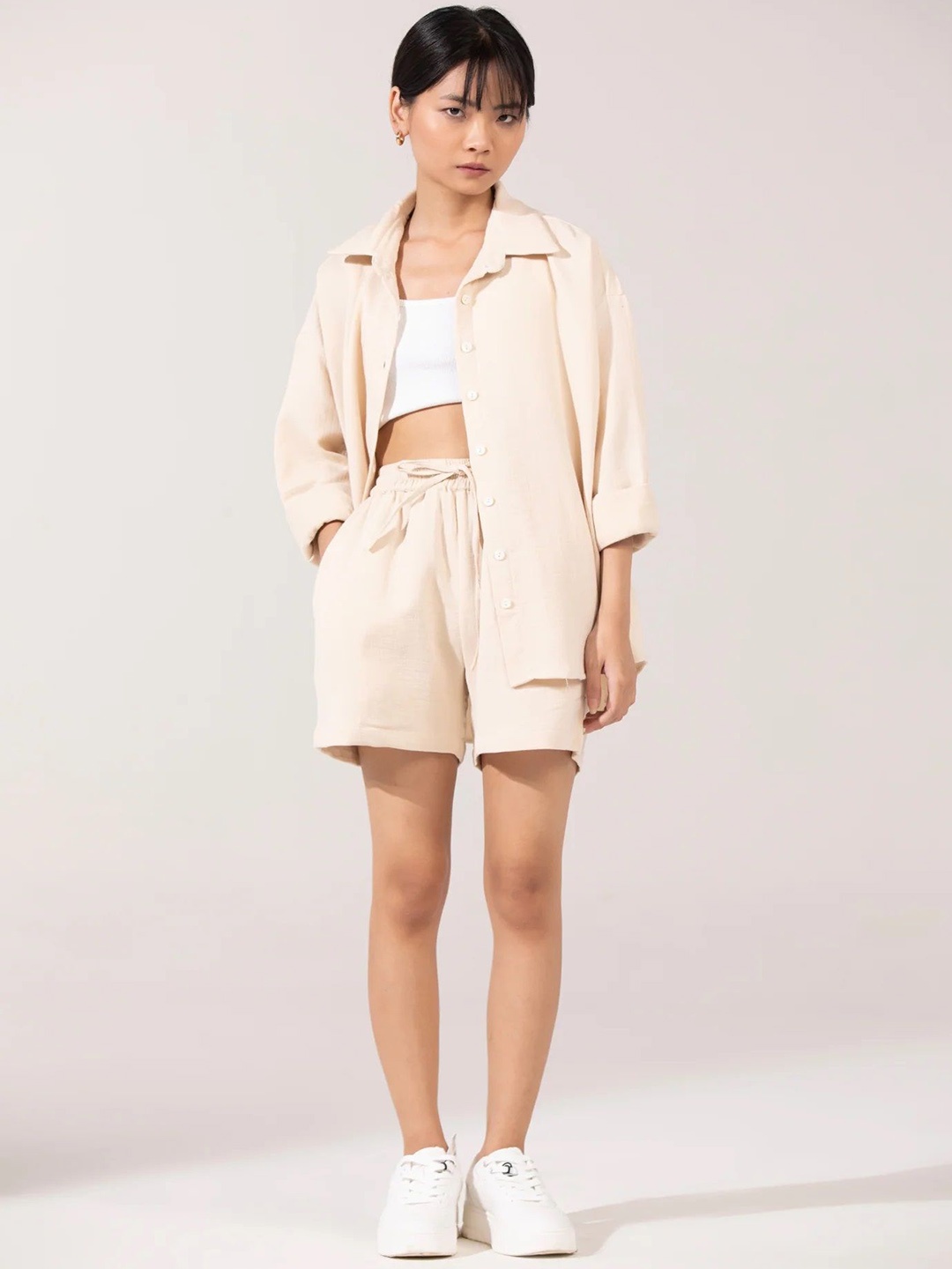 

BOTNIA Pure Cotton Shirt With Shorts Co-Ords, Beige