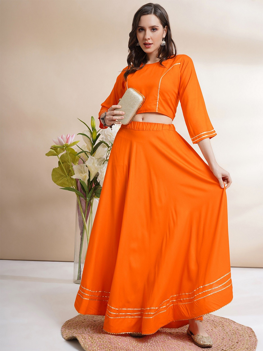 

BANJARA INDIA Women Solid Ready to Wear Lehenga Choli, Orange