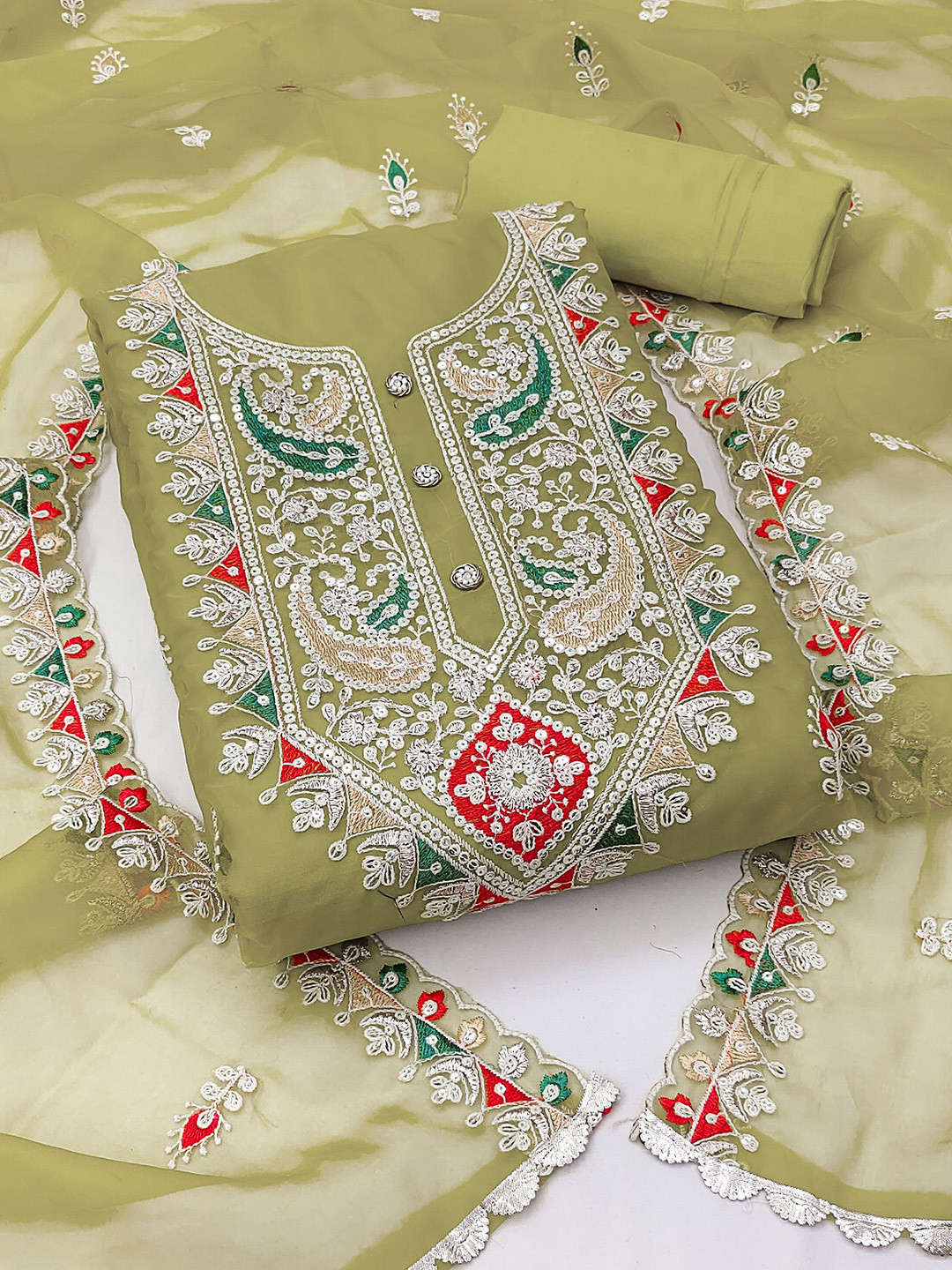 

KIMISHA Paisley Embroidered Sequinned Unstitched Dress Material, Olive