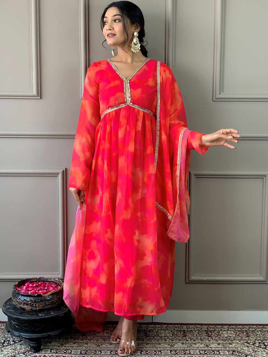 

Sangria Printed & Embroidered V-Neck Kurta With Trouser & Dupatta Set, Pink