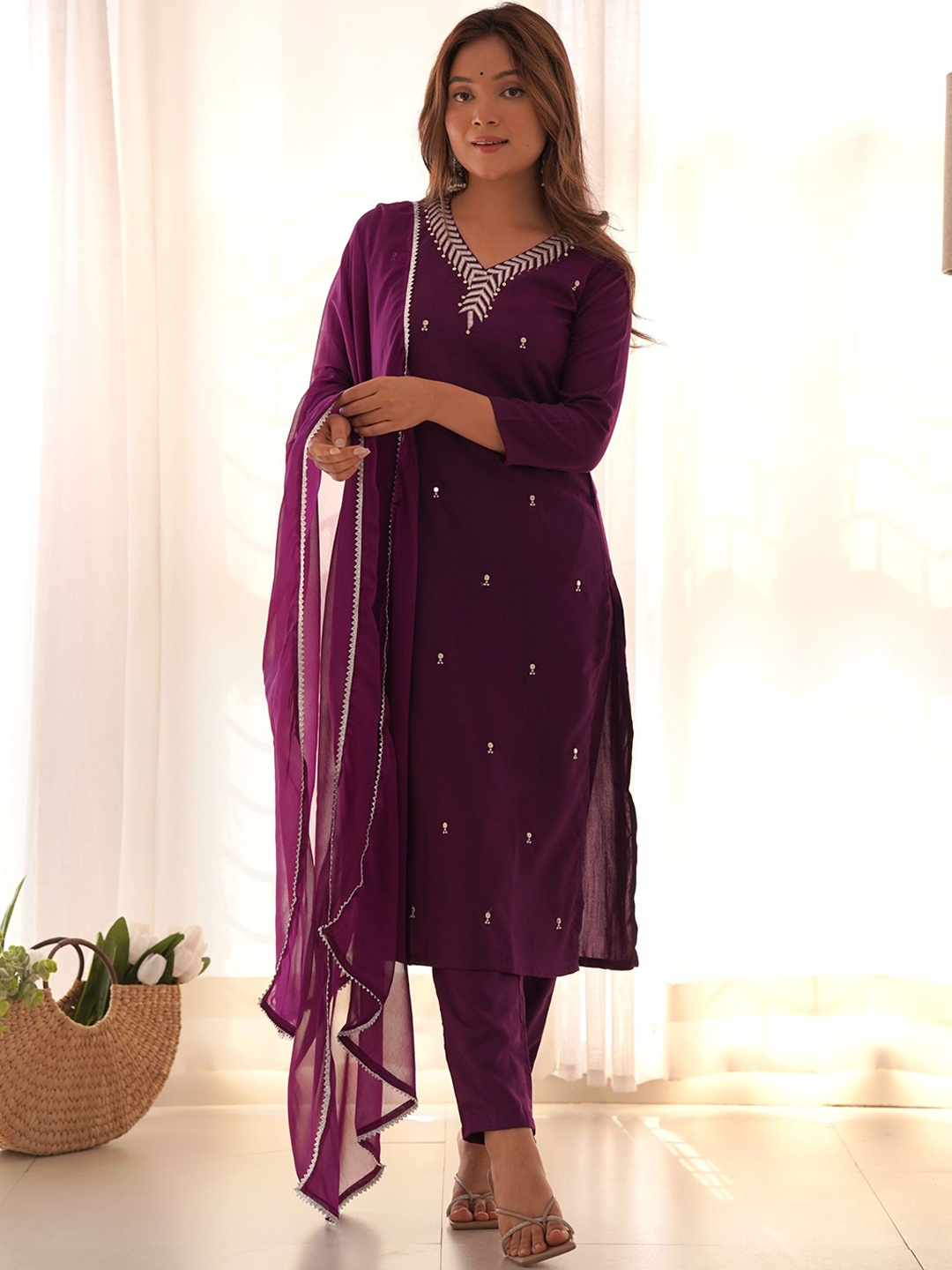 

Sangria Embroidered Kurta & Trousers With Dupatta, Purple