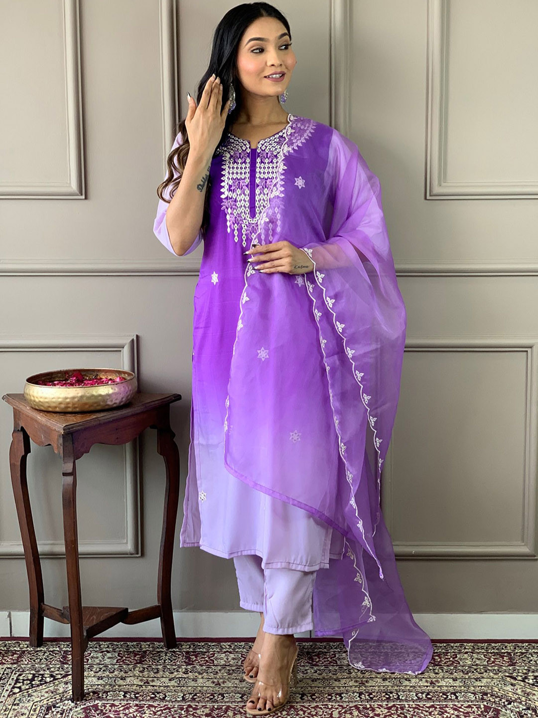 

Sangria Embroidered Round Neck Kurta & Trouser With Dupatta, Lavender