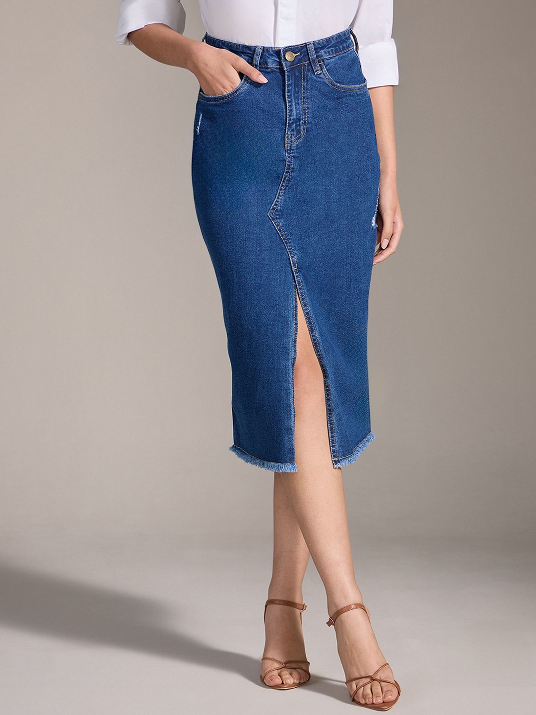 

20Dresses Pure Cotton High-Rise Denim Midi Skirt, Blue