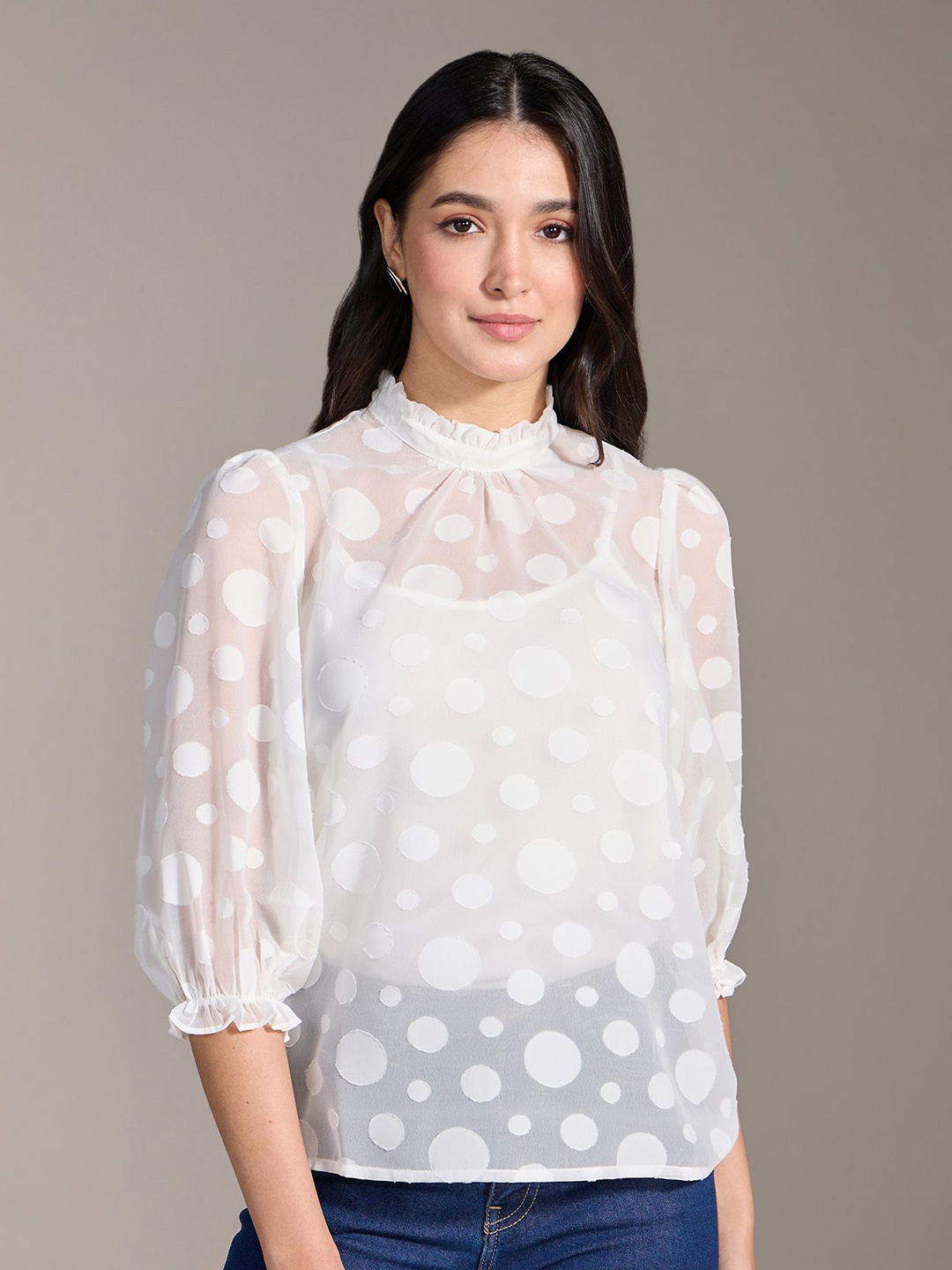 

20Dresses XXD Floral Impressions Button Closure Sheer Round Neck Top, White