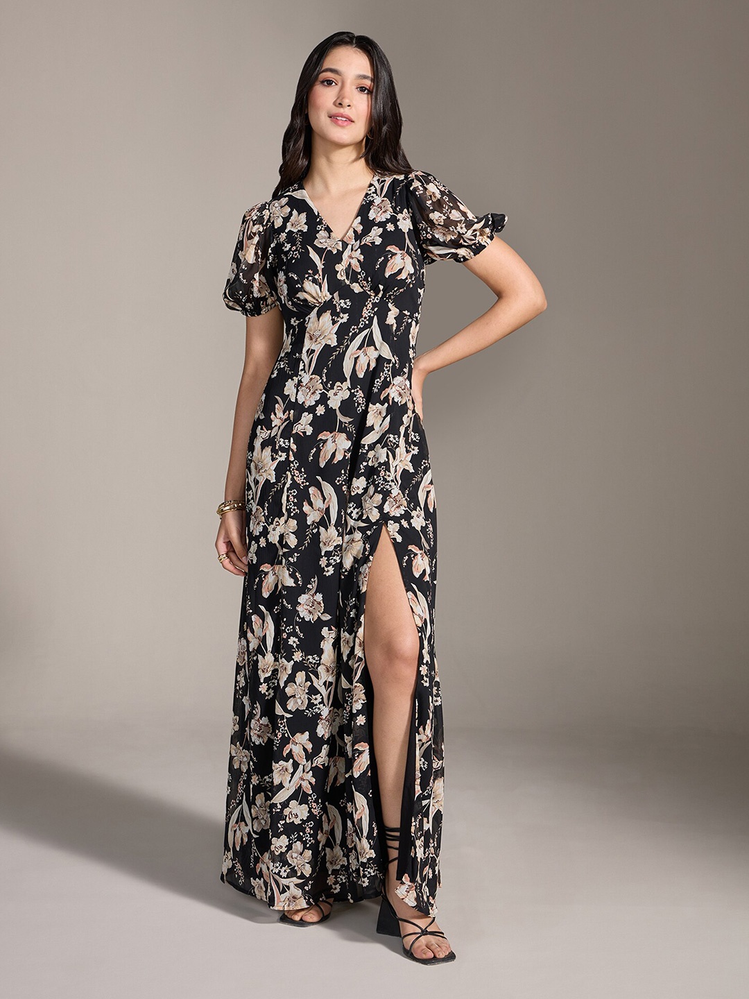 

20Dresses Puff Sleeve Side slitted Floral Maxi Dress, Black