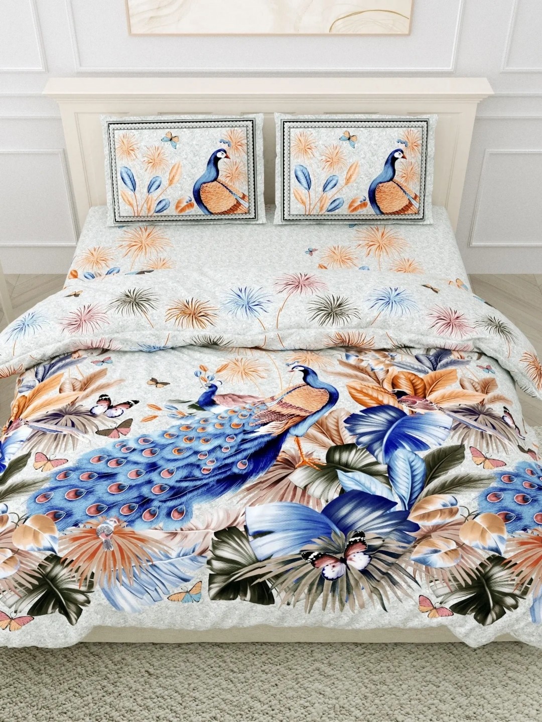 

LIVING ROOTS Super King Size Jaipur Block Print Cotton Double Bedsheet & 2 Pillow Covers, Grey