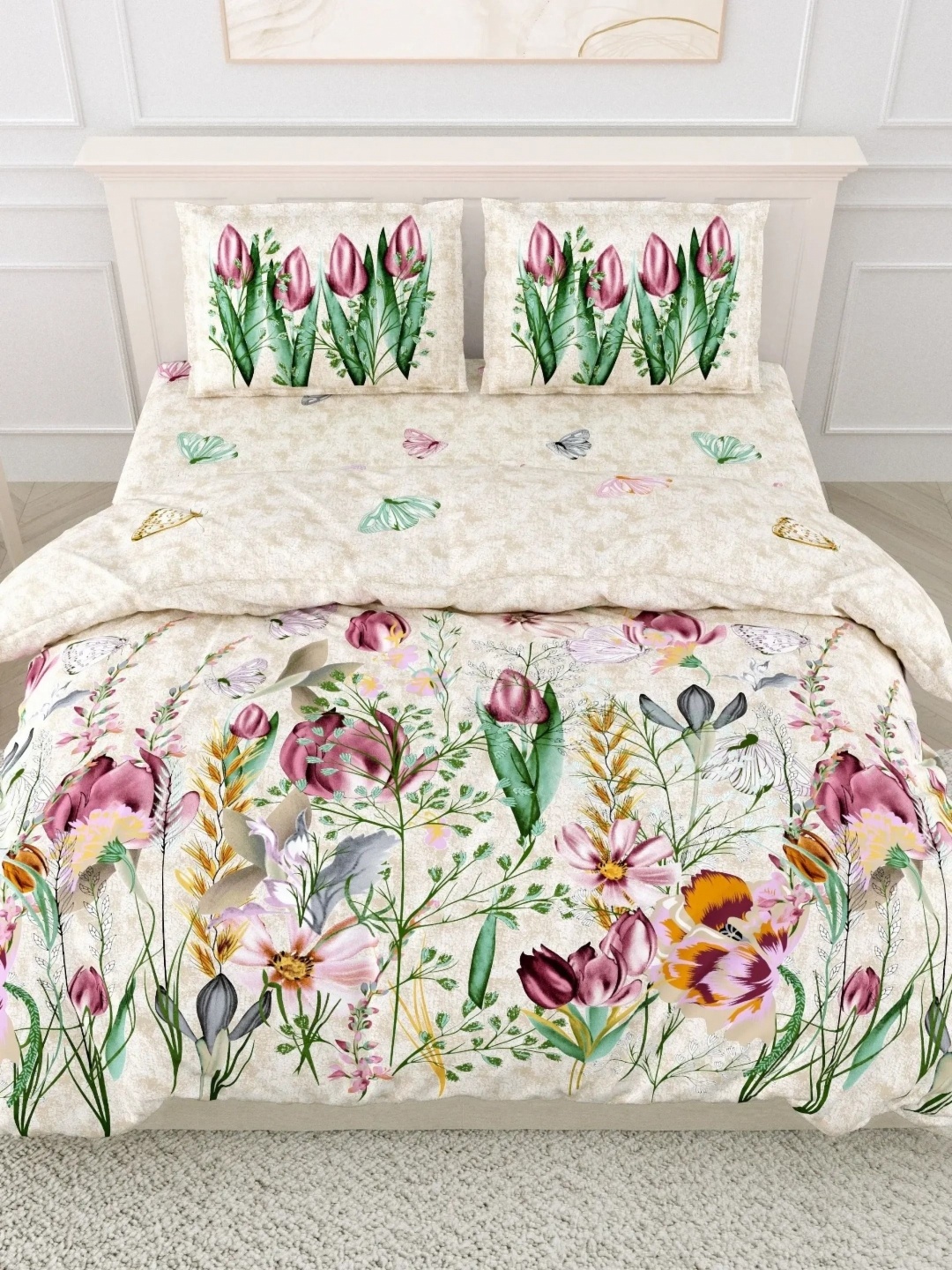 

LIVING ROOTS Super King Size Jaipur Block Print Cotton Double Bedsheet & 2 Pillow Covers, Cream