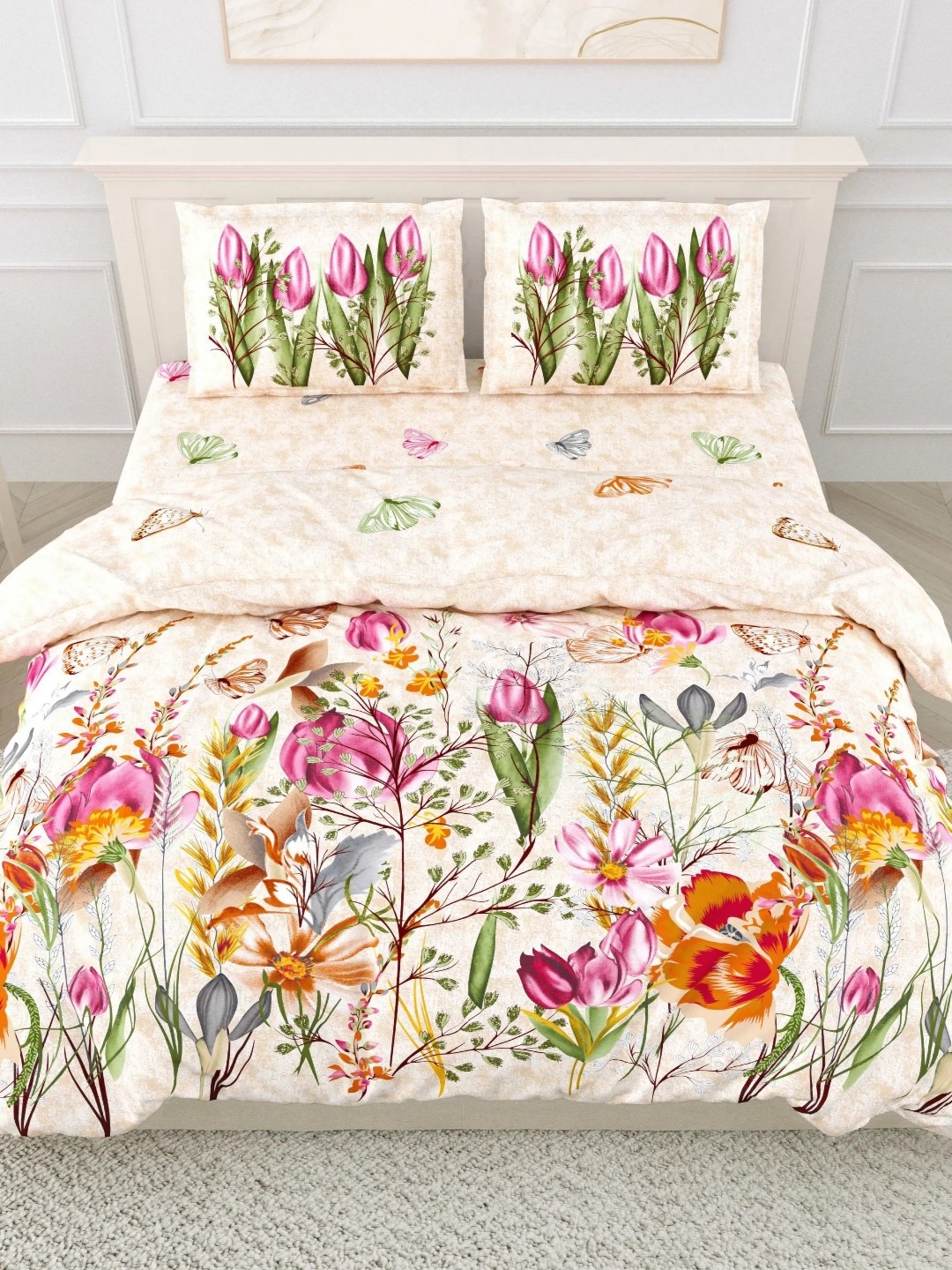 

LIVING ROOTS Super King Size Jaipur Block Print Cotton Double Bedsheet & 2 Pillow Covers, Beige
