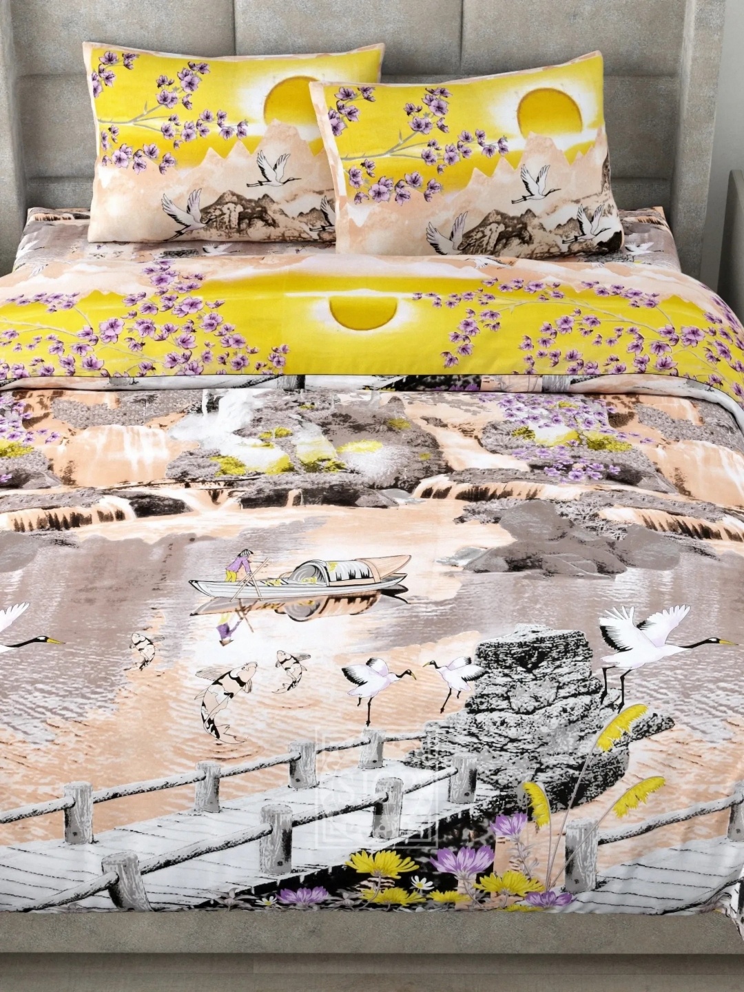 

LIVING ROOTS Super King Size Jaipur Block Print Cotton Double Bedsheet & 2 Pillow Covers, Yellow
