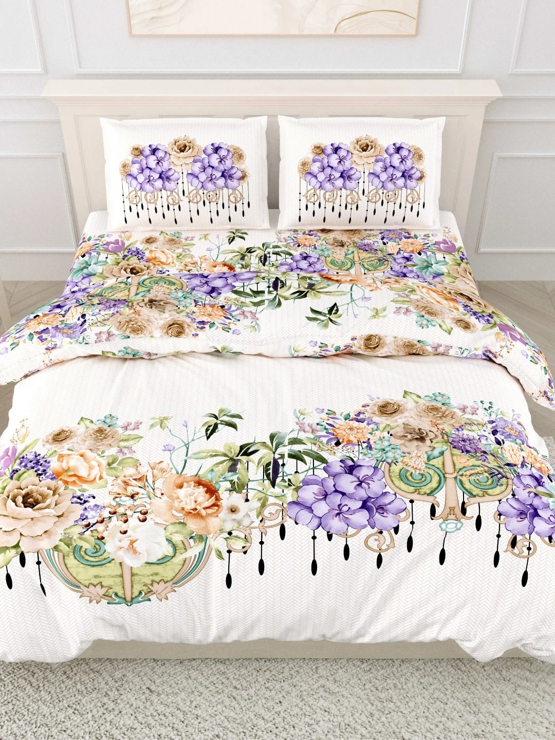 

LIVING ROOTS Super King Size Jaipur Block Print Cotton Double Bedsheet & 2 Pillow Covers, Purple