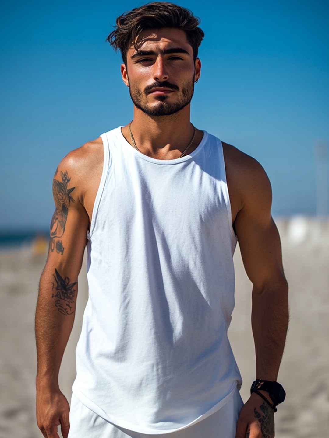 

VEIRDO Men Solid Pure Cotton Sleeveless T-shirt with Mask, White